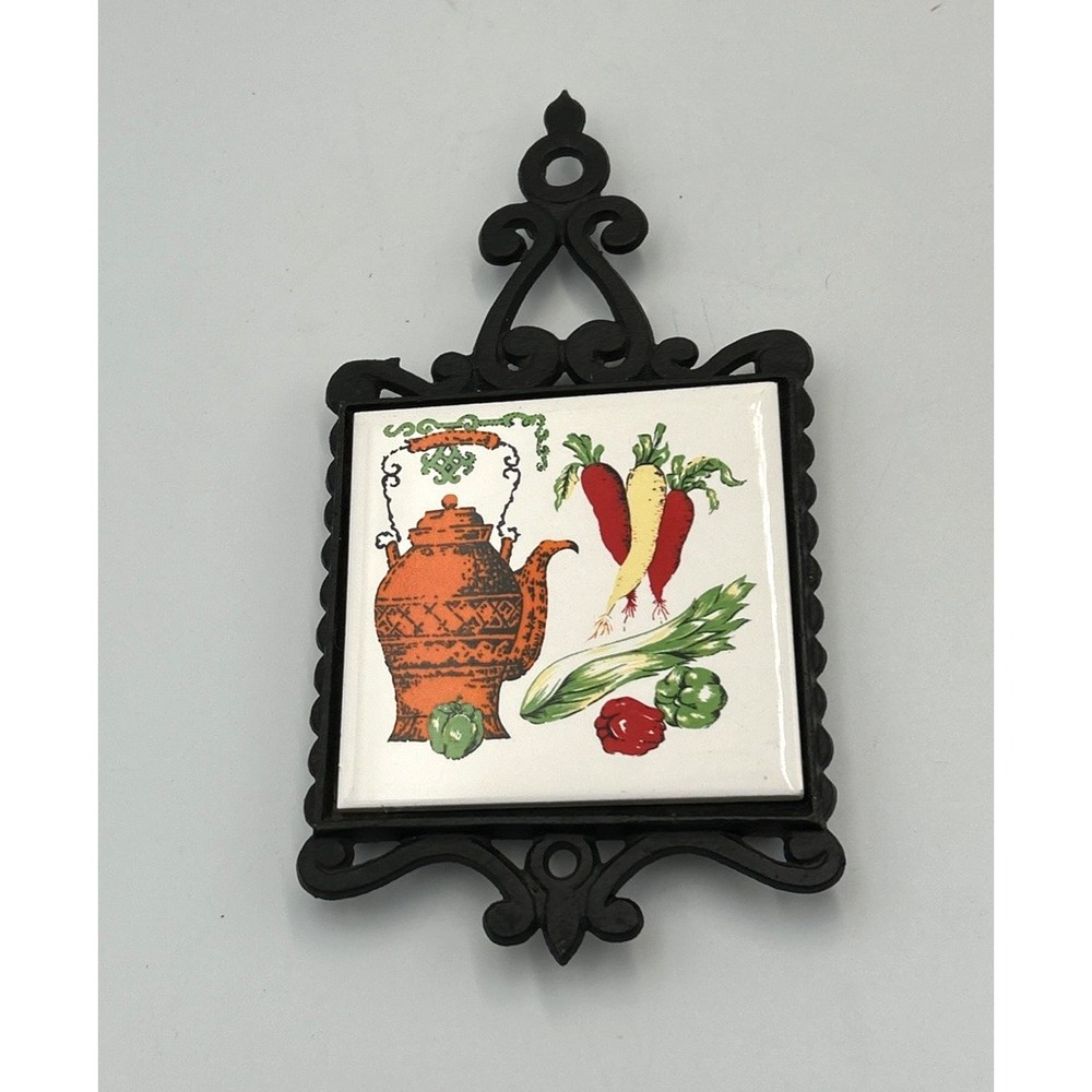 Vtg Cast Iron Trivet w/ Porcelain Tile Coffee Pot Veggies Made in Japan MCM Farm